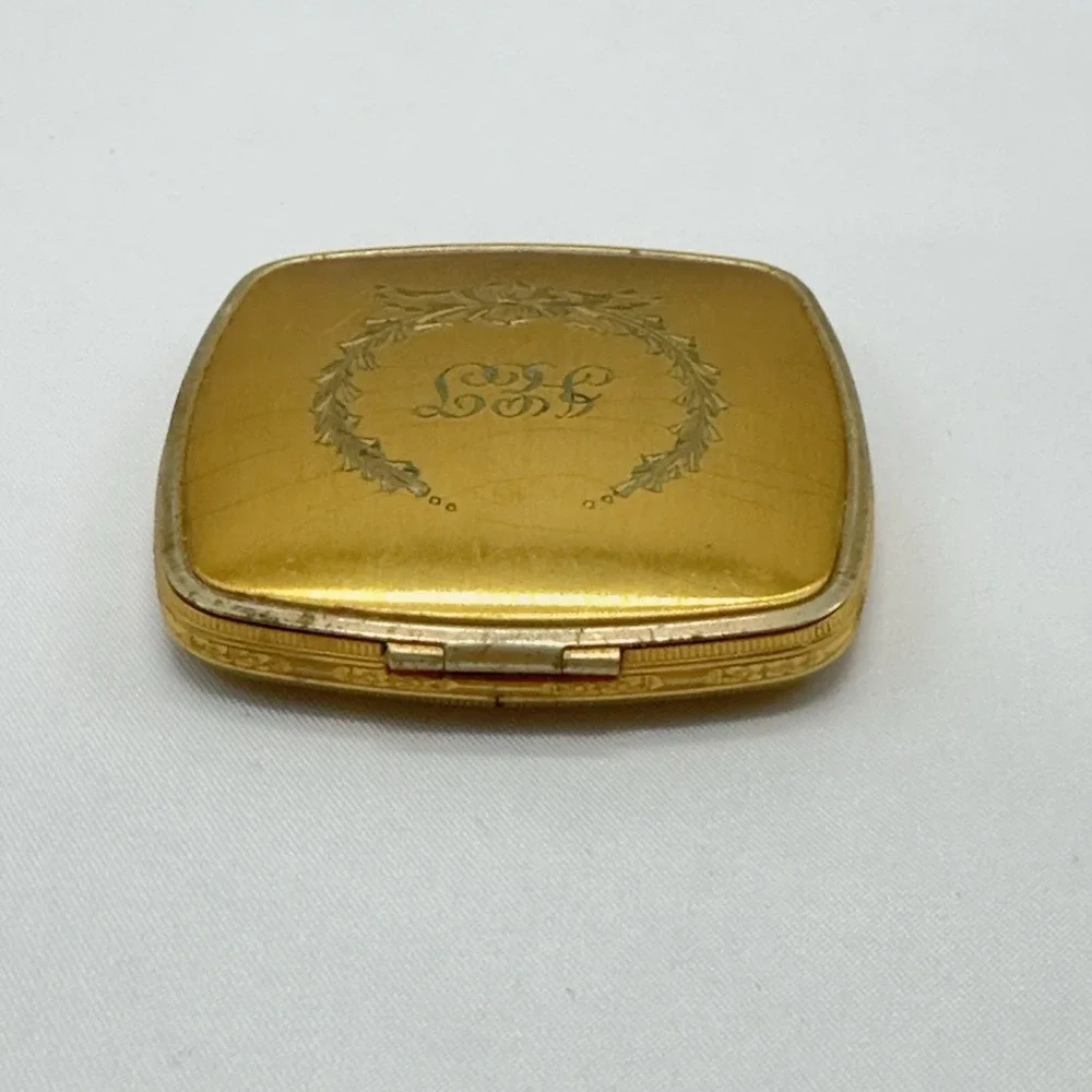 Vintage Gold Tone Powder Double Compact Mirror Mid Century Vanity